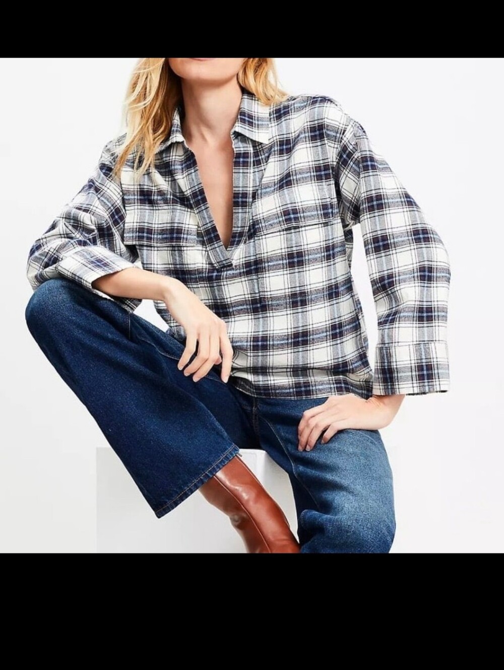 LOFT Plaid Women's Pullover Flannel Blouse - Navy and White, 100% Cotton